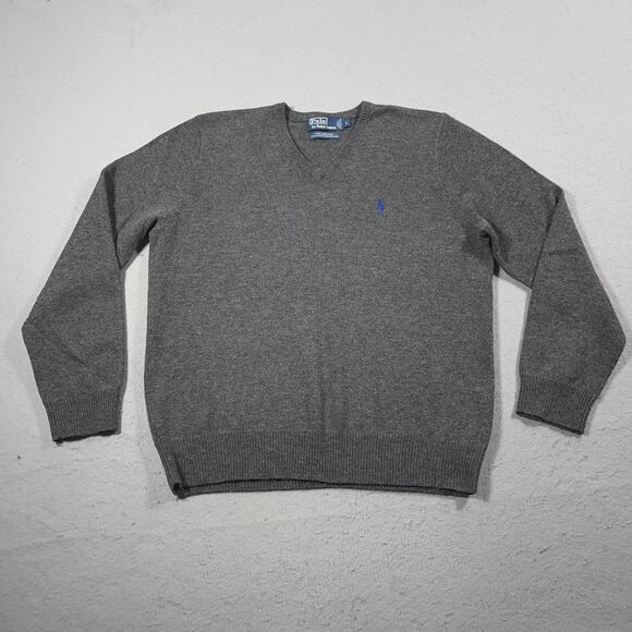 Polo Ralph Lauren Sweater Mens Large Gray Wool V Neck Pullover Classic Pony Logo - Picture 1 of 8